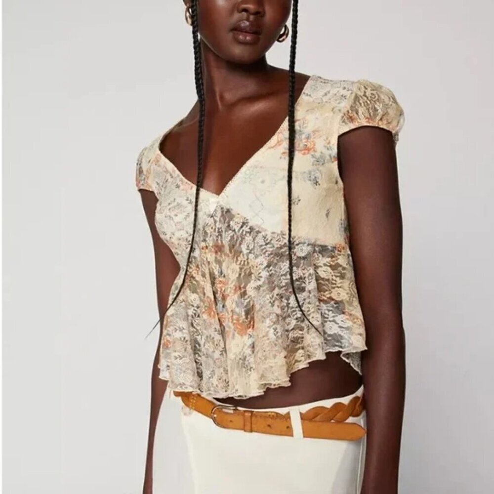NWT UO Kimchi Blue Taylor Tan Lace Babydoll Top